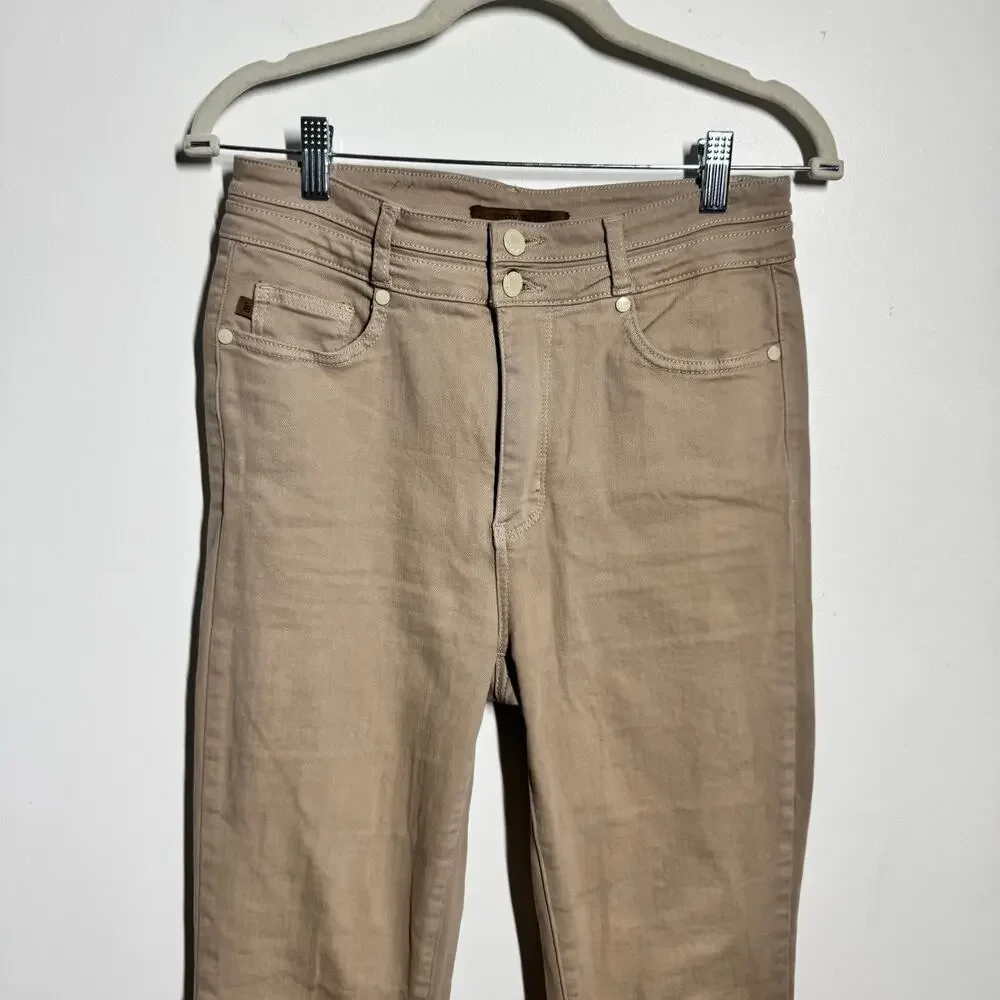 Judy Blue Garment Dyed Tummy Control Jean Pants Women 7/28 Tan Flare Leg‎ Boho